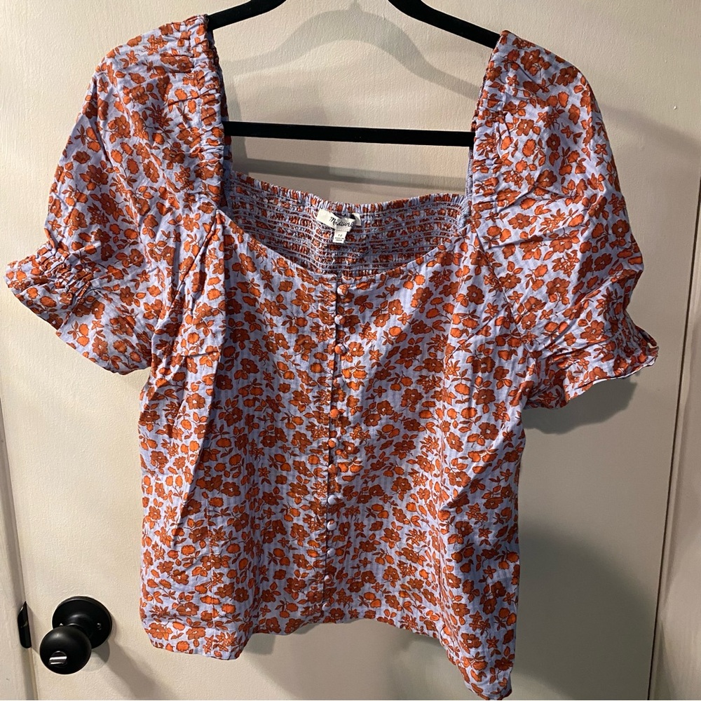 Madewell Floral Smocked Blouse in Orange and White